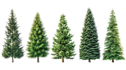 Five distinct pine trees on a white isolate background, showcasing variations in size and density.