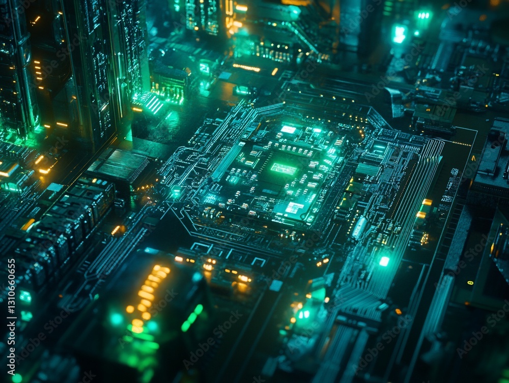 Poster futuristic glowing circuit board with central processor.