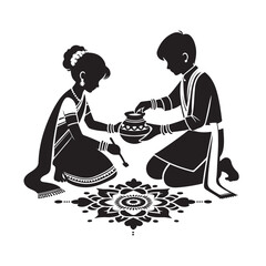 Silhouette of Indian Kids Doing Ritualistic Activities Illustration Vector