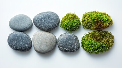 Smooth stones and vibrant green moss display against white backdrop