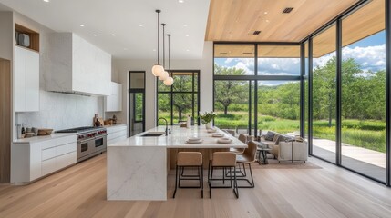 Elegant contemporary kitchen with a heat-resistant stone countertop and stylish backsplash.
