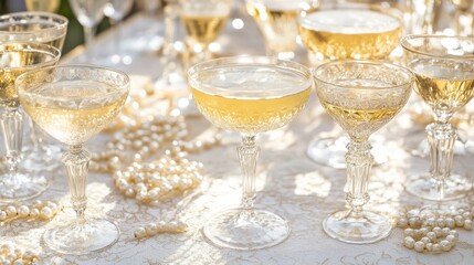 Elegant Gatsby-style bar table with gold accents, champagne glasses, and pearls.