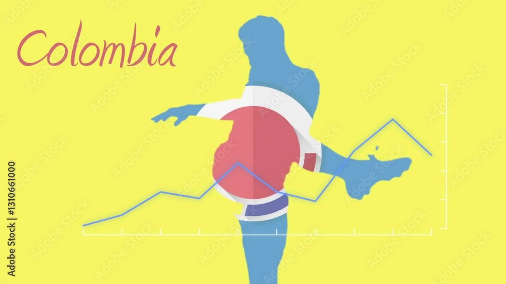Poster animation of dancer silhouette with colombia text and colorful graph on yellow background