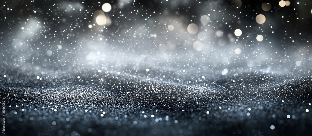 Poster glittering dark background with bokeh lights and snowy texture.