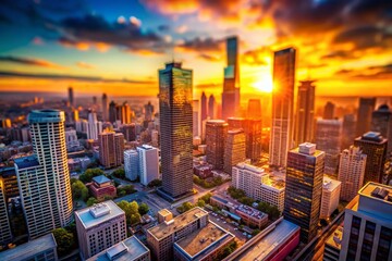 Fototapeta premium Miniature Skyscraper Sunset: Low Angle Cityscape at Golden Hour