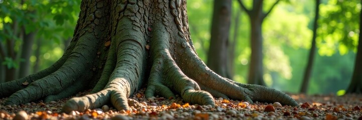 Ancient tree trunk with gnarled bark and roots, roots, tree trunk, decaying