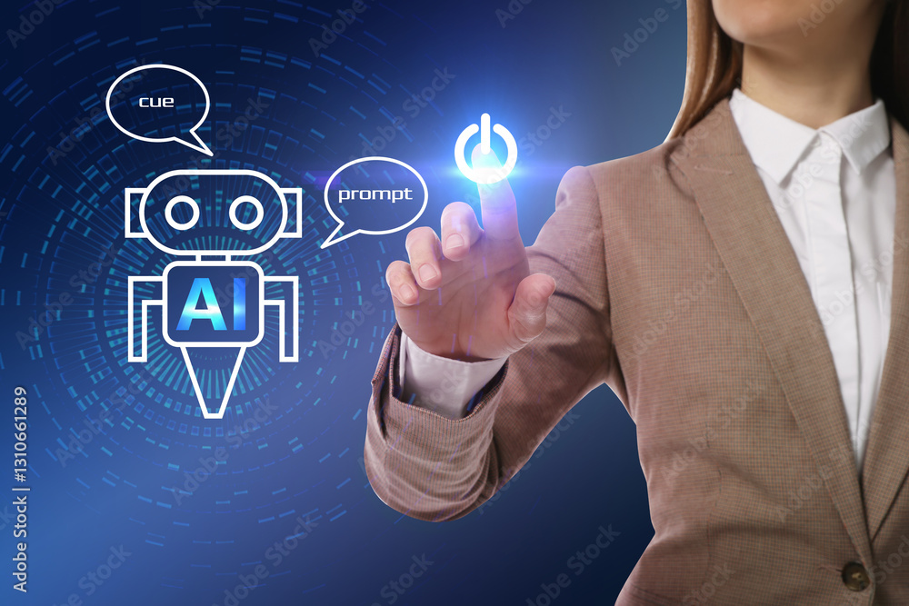 Poster artificial intelligence. businesswoman using virtual screen with robot image and ai abbreviation aga