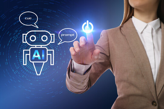 Artificial intelligence. Businesswoman using virtual screen with robot image and AI abbreviation against blue background, closeup
