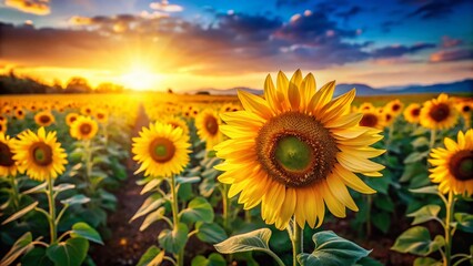 Fototapeta premium Miniature Spring Sunflower Field, Tilt-Shift Photography, Vibrant Yellow Blooms