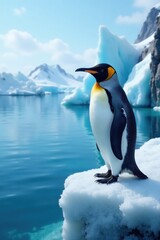 Arctic penguin standing on icy cliff, north pole, frozen, icy