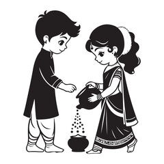 Adorable indian kids illustration vector pouring water for cultural themes