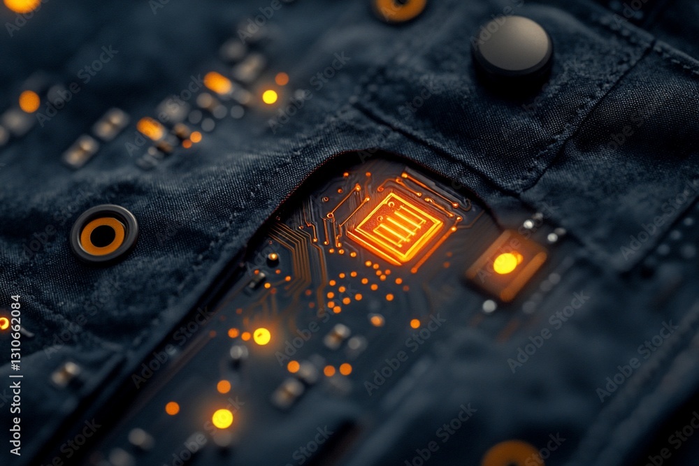 Aufkleber close-up of illuminated circuit board embedded in dark fabric.