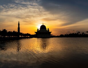 Silhouette of Kuala Terengganu Mosque at Sunset with Reflection: Peaceful Sunset over Kuala Terengganu Mosque with Majestic Silhouette