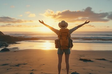 Fototapeta premium Woman hiker enjoying sunset ocean view on beach.
