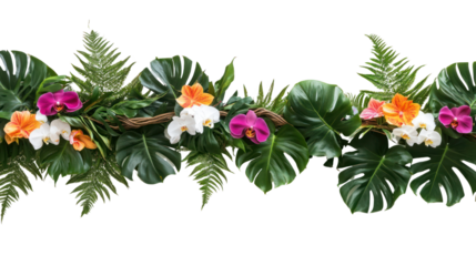 Vibrant tropical flower garland with green leaves, perfect for summer decor, parties, and celebrations.