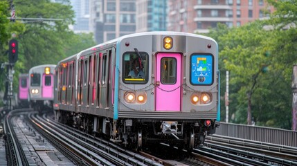 Obraz premium Sleek Subway Train Neon Lights City Transit Rapid Transport Urban Travel