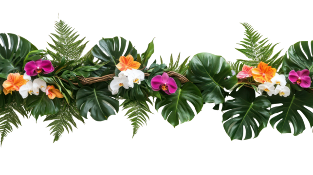 Vibrant tropical flower garland with green leaves, perfect for summer decor, parties, and celebrations.