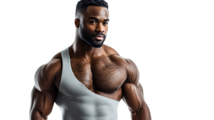 Confident male model showcases muscular physique in stylish grey attire, isolated on white background.
