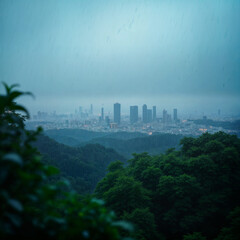 Rainy Cityscape View from Forested Hills at Dusk