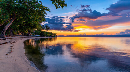 Obraz premium Serene tropical beach at sunset with calm waters reflecting vibrant colors of the sky and soft clouds above the horizon