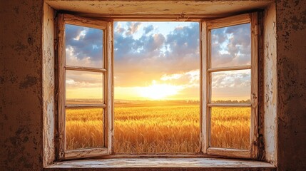 Serene Sunrise View through Rustic Window Over Golden Wheat Field