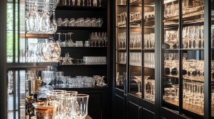 High-end home bar with mirrored shelves, elegant glassware, and refined decor.