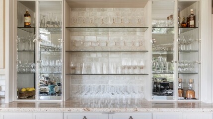 High-end home bar with mirrored shelves, elegant glassware, and refined decor.