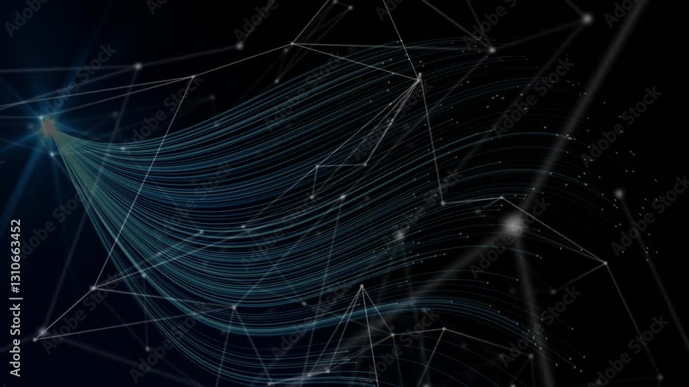 Poster creating abstract digital network, flowing blue lines with interconnected nodes animation