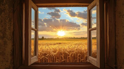 Serene Sunrise View Through Open Window Over Golden Wheat Field