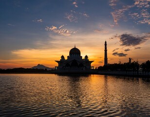 Obraz premium Silhouette of Kuala Terengganu Mosque at Sunset with Reflection: Peaceful Sunset over Kuala Terengganu Mosque with Majestic Silhouette
