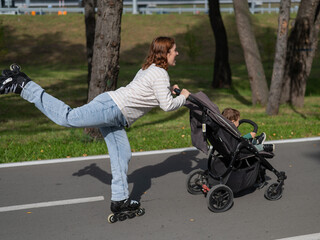 Caucasian woman roller skating with her toddler son in a stroller. 