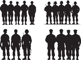 Silhouette of a group military officers, standing at attention vector silhouette