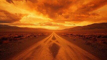 Fototapeta premium Dramatic Desert Landscape at Crossroads Under Striking Sunset Sky