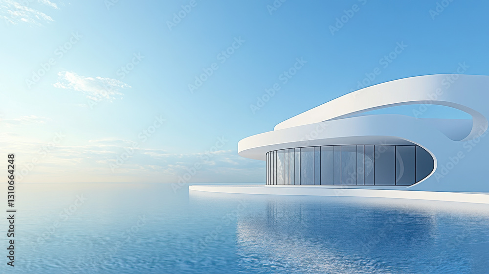 Poster a white building with curved walls on the sea, a 3d rendering of an architectural design style