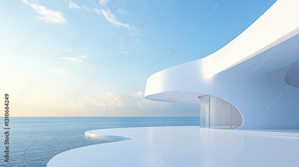 Poster a white building with curved walls on the sea, a 3d rendering of an architectural design style
