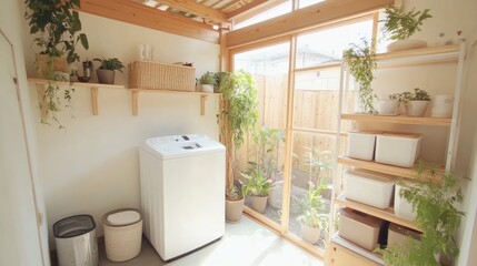 Japandi-style small home with a compact washer, floating shelves, and neutral-toned storage bins.
