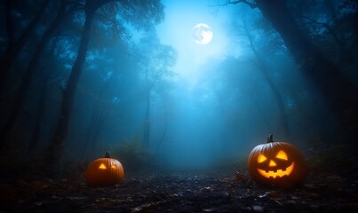 Naklejka premium Spooky Halloween JackOLanterns Forest Path Night Scene