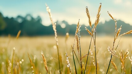 Fototapeta premium Dew Drops on Grass in Morning Light