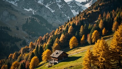 Autumnal Scenery in the Swiss Alps with a Cabin and Trees