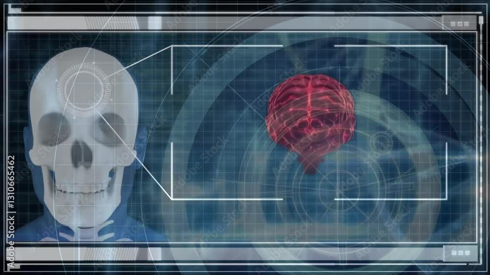 Poster displaying animation of human skull and brain scan with digital overlay