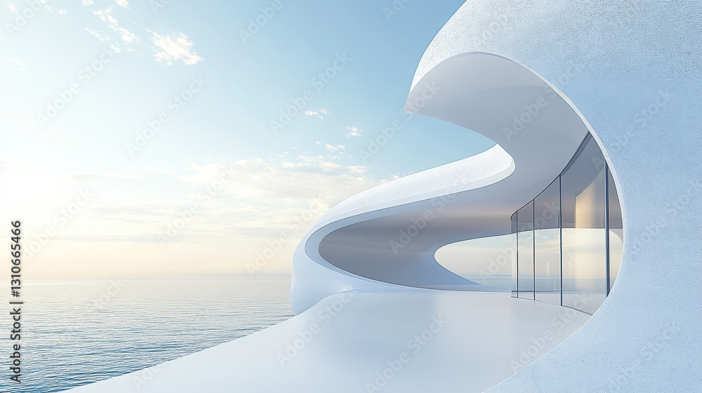 Poster a white building with curved walls on the sea, a 3d rendering of an architectural design style