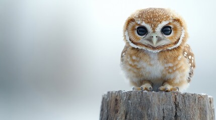 Obraz premium Fluffy Baby Owl Perched on Snowy Stump