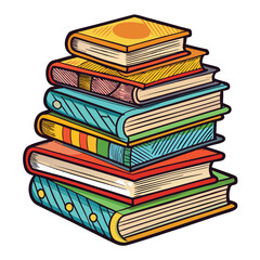 A meticulously detailed illustration of a stack of books, featuring bold black outlines and intricate, ornate decorative elements.