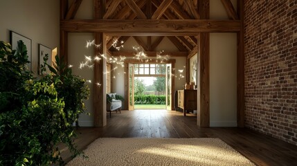 Rustic Farmhouse Hallway   Cozy Interior  Wooden Beams  Brick Walls  Sunlight  Garden View