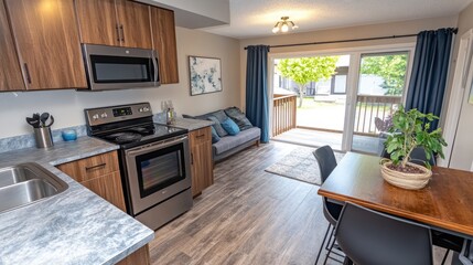 Fototapeta premium Minimalist open-concept kitchen with sleek cabinetry and a practical, easy-to-clean layout.