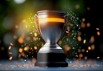 Elegant Silver Trophy on Blue Podium with Confetti