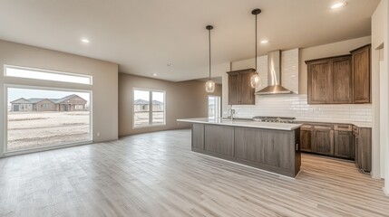 Obraz premium Modern farmhouse kitchen with a white subway tile backsplash and wooden accents.