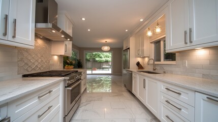 Fototapeta premium Elegant Modern Kitchen Renovation White Cabinets Quartz Countertops Stainless Steel App