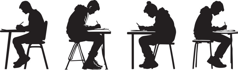Silhouette of a student sitting on table taking an exam vector silhouette