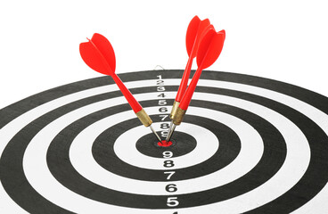 Dart board with red arrows on white background